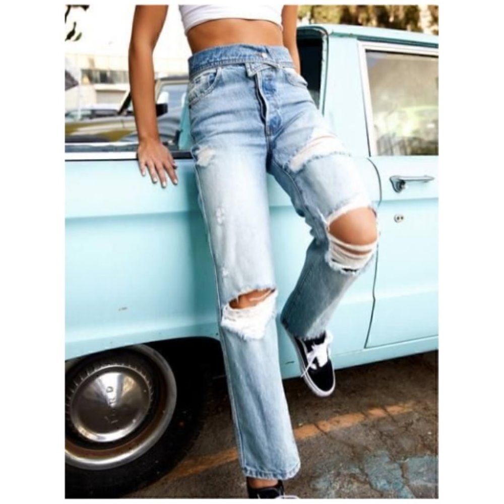 Revice Denim B Side Foldover Waist Distressed High Rise Straight Leg Jeans sz 26